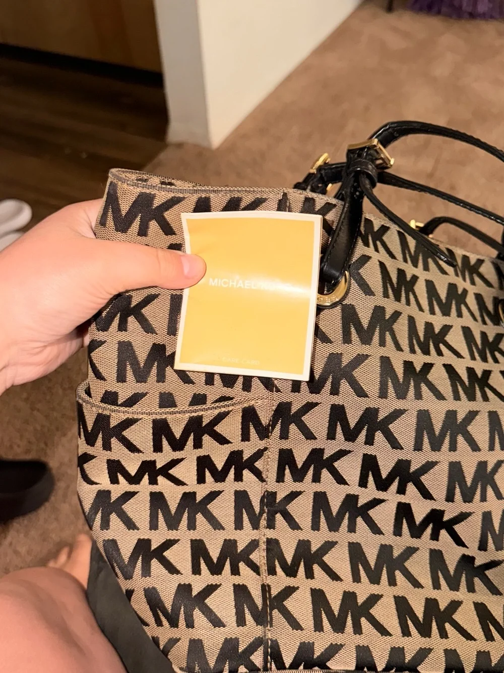 Michael Kors Black & Beige MK Logo Tote with Gold Accent